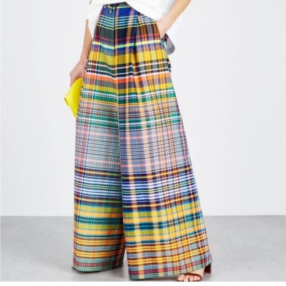 Uoozee Trousers Woman Medium Wide Leg Plaid Back Zip Colorful High Waist Fun